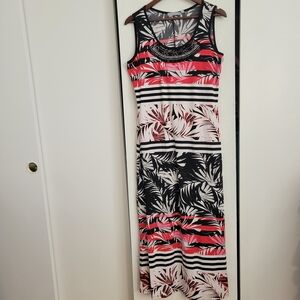 NY Collection Black and Pink Leaf Print Maxi Dress wiht  Bead Accent neckline.